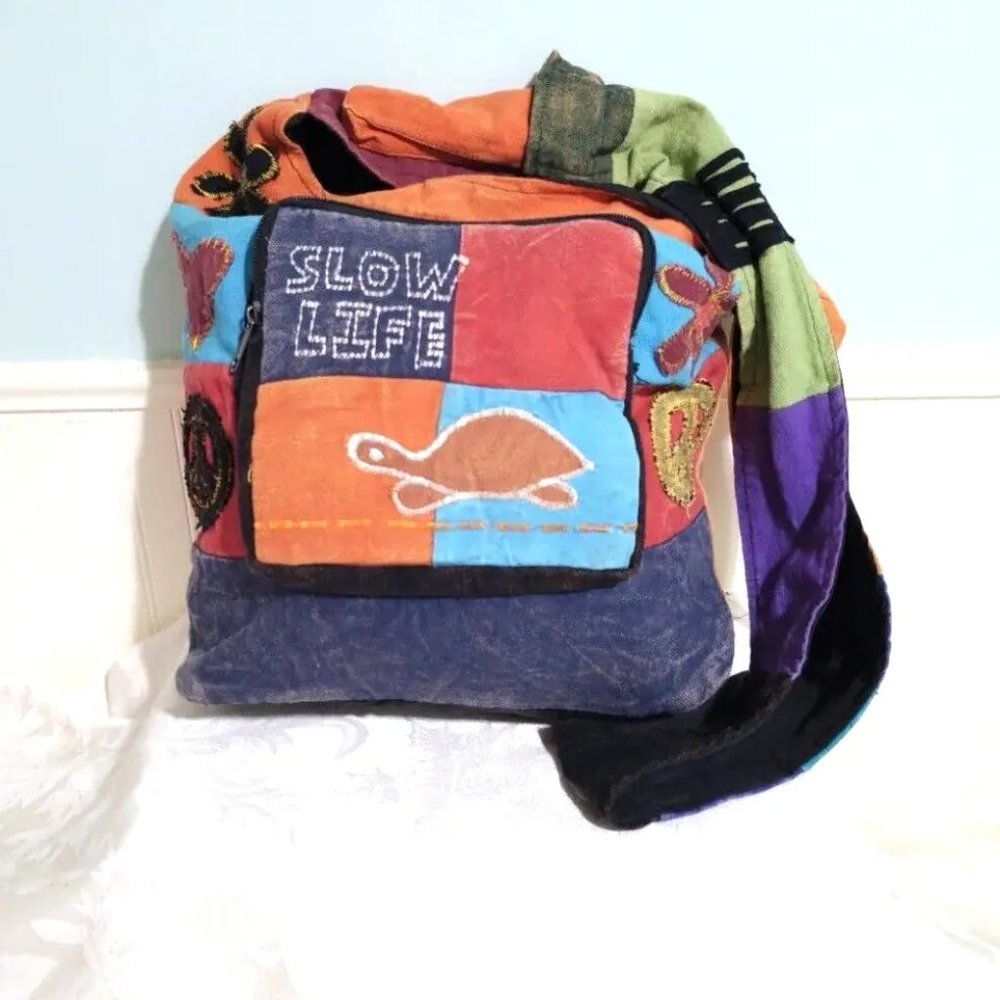 Nepal BOHO SLOW LIFE Orange Red 100% COTTON Hobo Crossbody Shoulder Bag Turtle